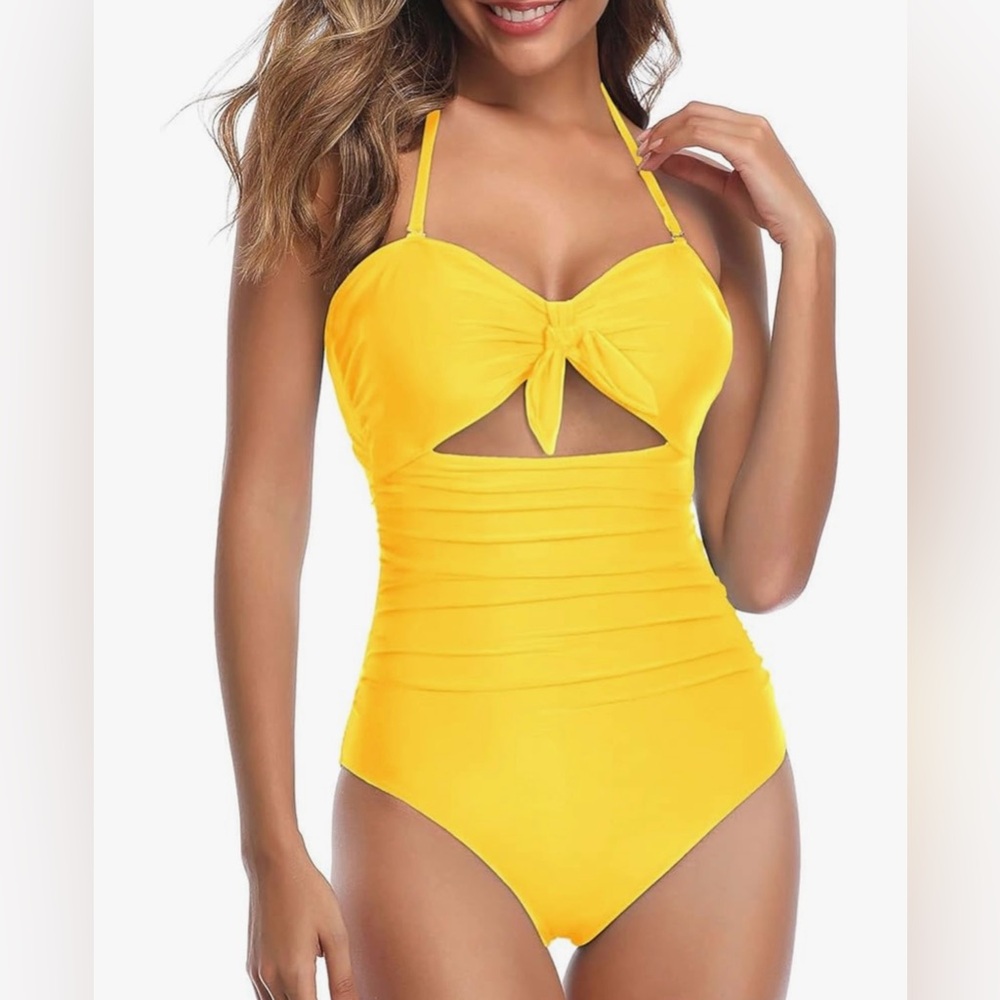 Tempt Me Cutout Tummy Control Halter Yellow Tie Knot One Piece Swimsuit NWT